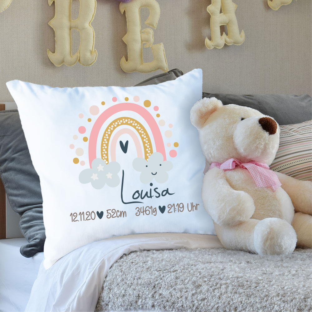 Kissen mit Namen zur Geburt Regenbogen Mädchen  - Onlineshop Trendgravur