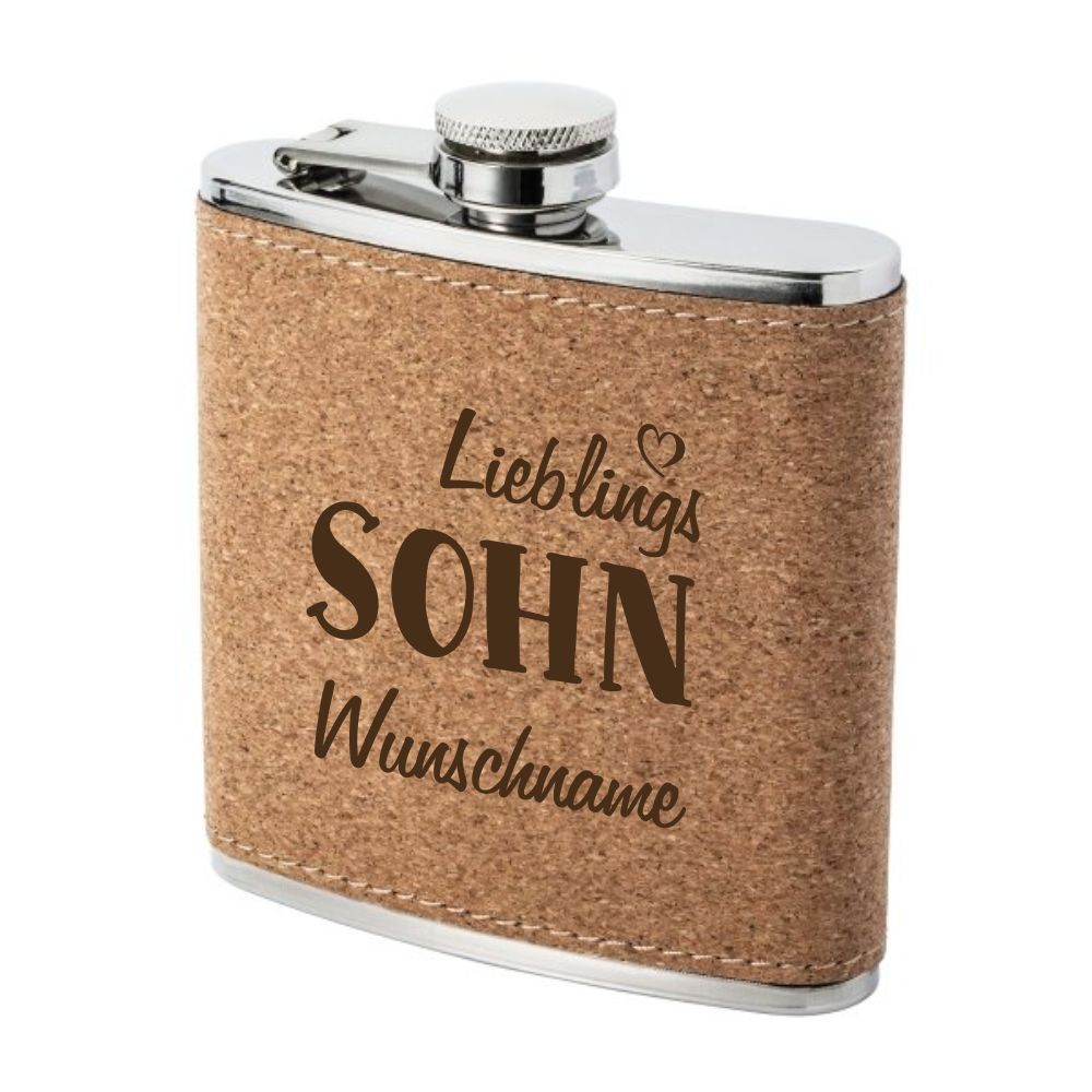 Trendgravur Flachmann Kork mit Gravur Lieblings-Sohn und Wunschnamen