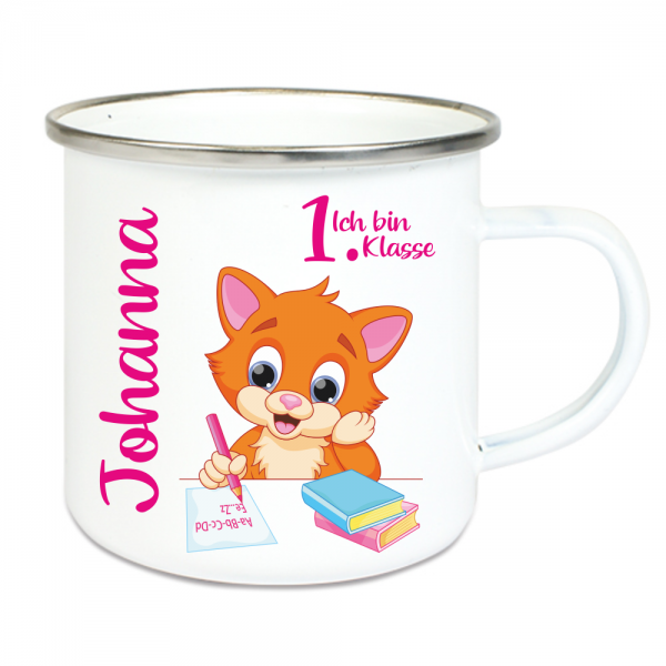 Kinder-Tasse Emaille zur Einschulung Motiv Katze