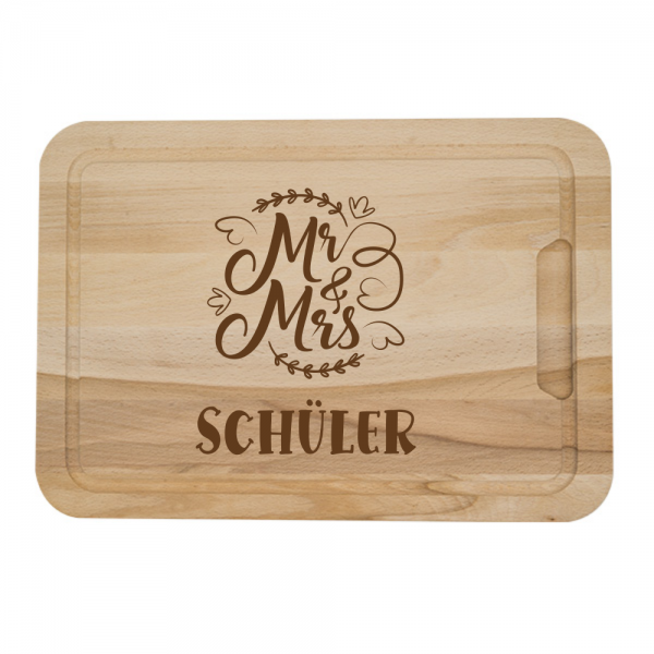 Schneidebrett mit Gravur Mr. & Mrs zur Hochzeit mit Deinem Wunschnamen