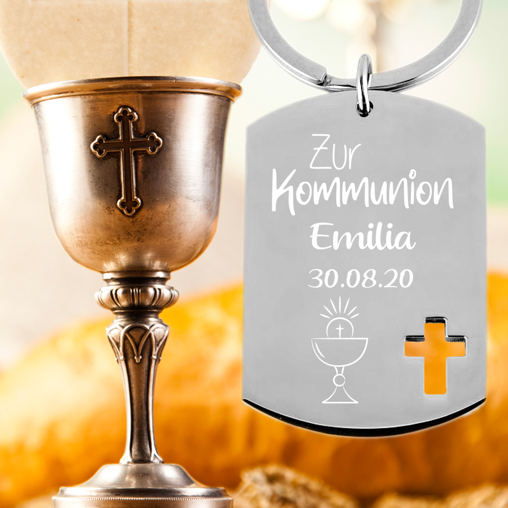 Edelstahl Schlüsselanhänger mit Gravur Dog Tag zur Erstkommunion...  - Onlineshop Trendgravur