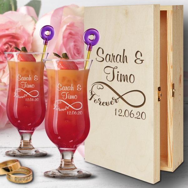 Cocktailglas-Set mit Wunschnamen und Datum Infinity
