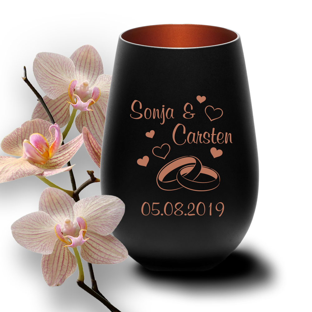 Windlicht mit Gravur zur Hochzeit Ringe Herzen schwarz bronze  - Onlineshop Trendgravur