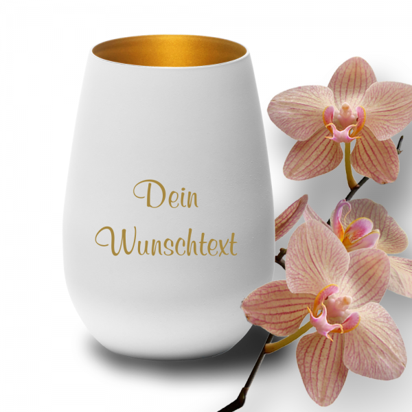 Windlicht mit Deinem Wunschtext - weiß-gold