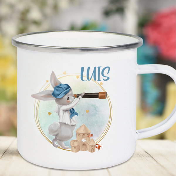 Emaille Tasse Kinder mit Deinem Namen -kleiner Abenteurer