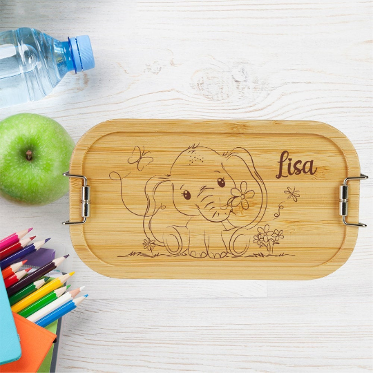 personalisierte Brotdose Kinder Lunchbox Metall mit Holzdeckel Elefant