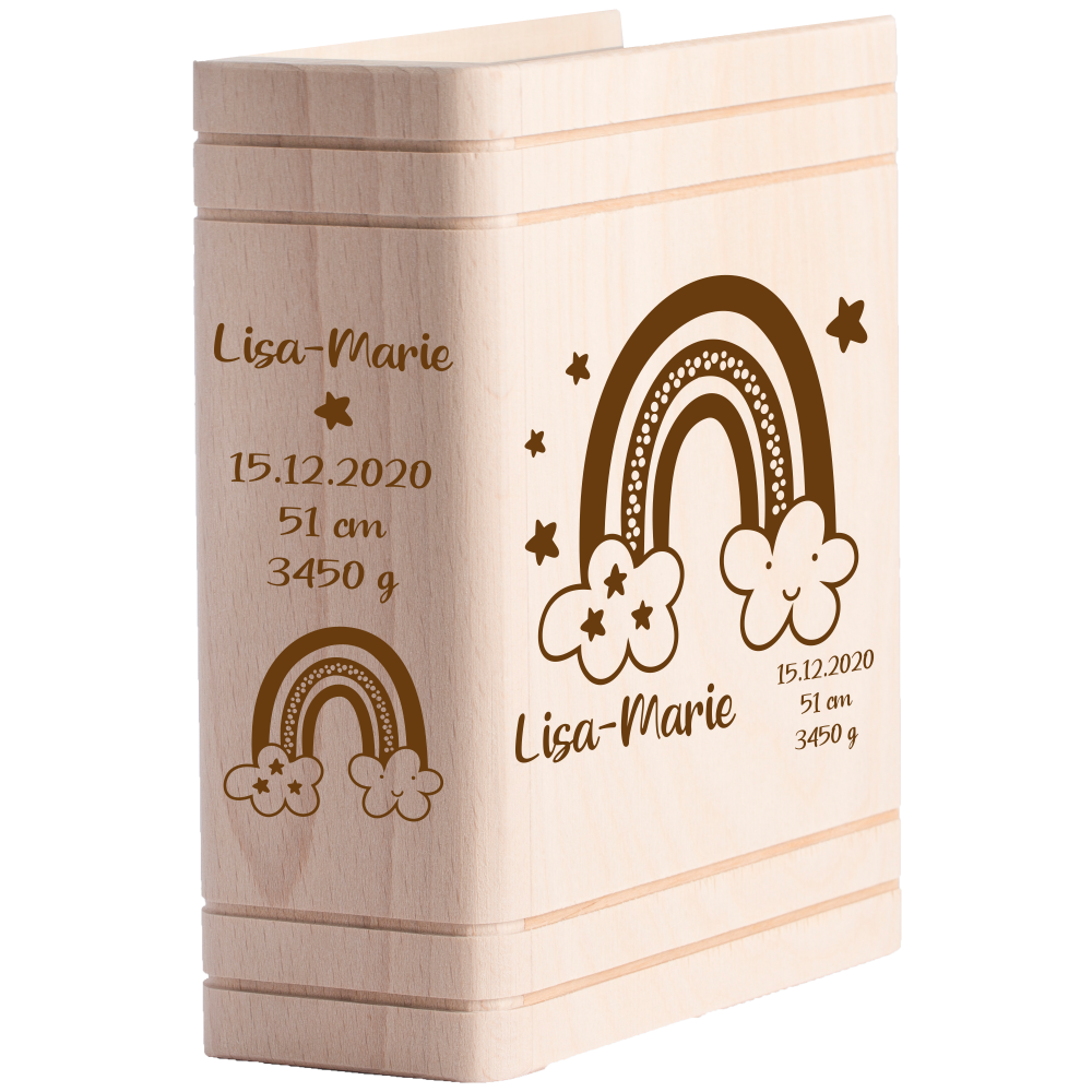 Spardose aus Holz zur Geburt Regenbogen  - Onlineshop Trendgravur