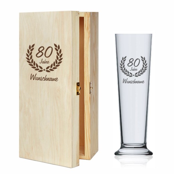 Bierstange zum 80. Geburtstag und Namensgravur -optional mit Holzbox