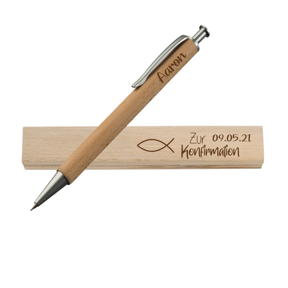 Holz Kugelschreiber Wunschname zur Konfirmation Fisch  - Onlineshop Trendgravur