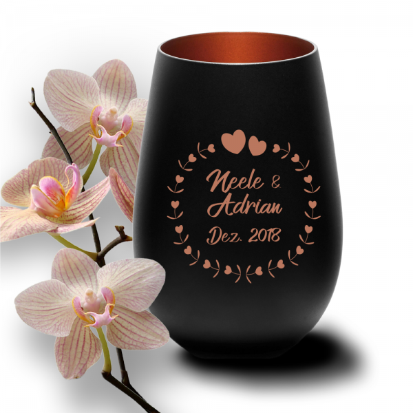 personalisiertes Windlicht zur Hochzeit in schwarz-bronze - Herzkreis