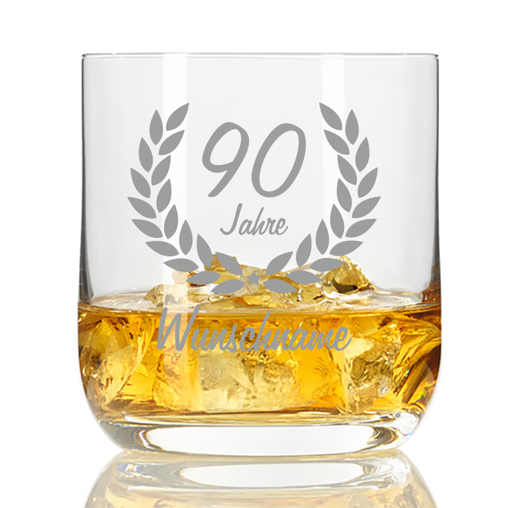 personalisiertes Whisky Glas mit Namensgravur zum 90. Geburtstag  - Onlineshop Trendgravur