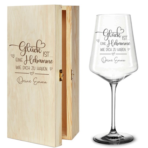 Weinglas optional mit Holzbox - Glück ist... eine Hebamme wie dich zu haben mit Wunschnamen