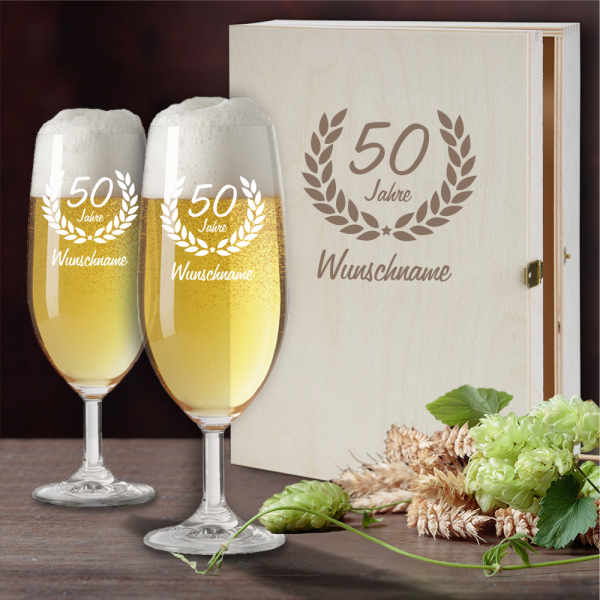 Bierglas Geschenkset mit schöner Holzkiste zum 50. Geburtstag 