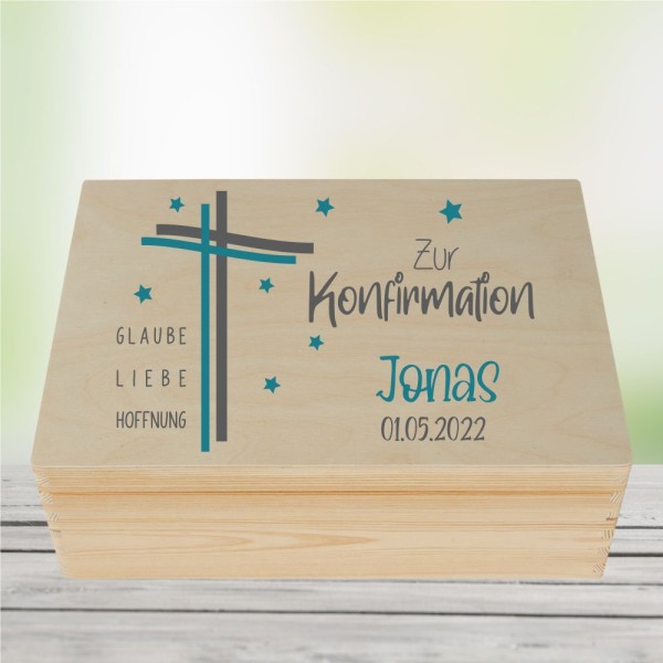 personalisierte Erinnerungskiste mit zur Konfirmation - Kreuz Motiv