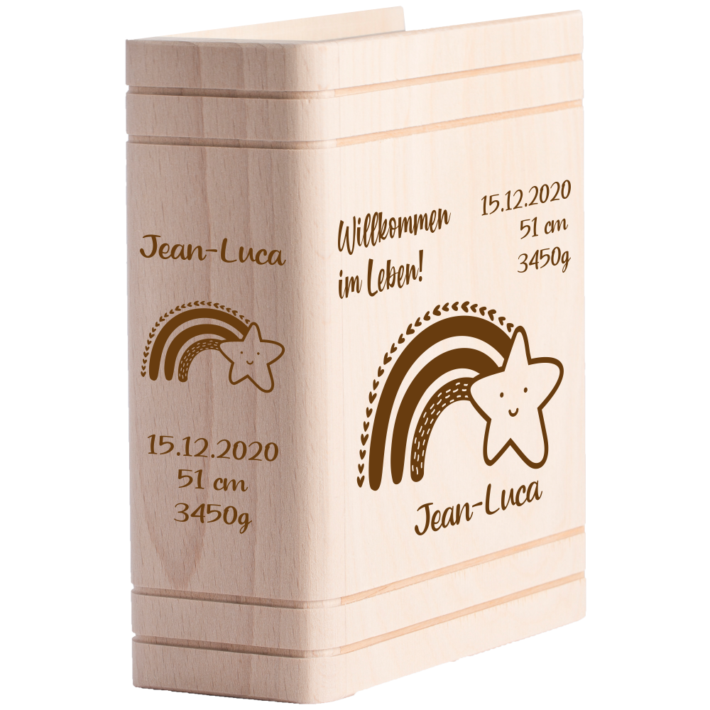 Spardose Sparbuch Holz zur Geburt Regenbogen Stern  - Onlineshop Trendgravur
