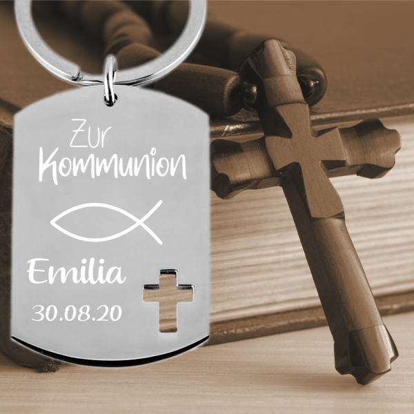 Edelstahl Schlüsselanhänger mit Gravur Dog-Tag zur Erstkommunion Fisch Symbol