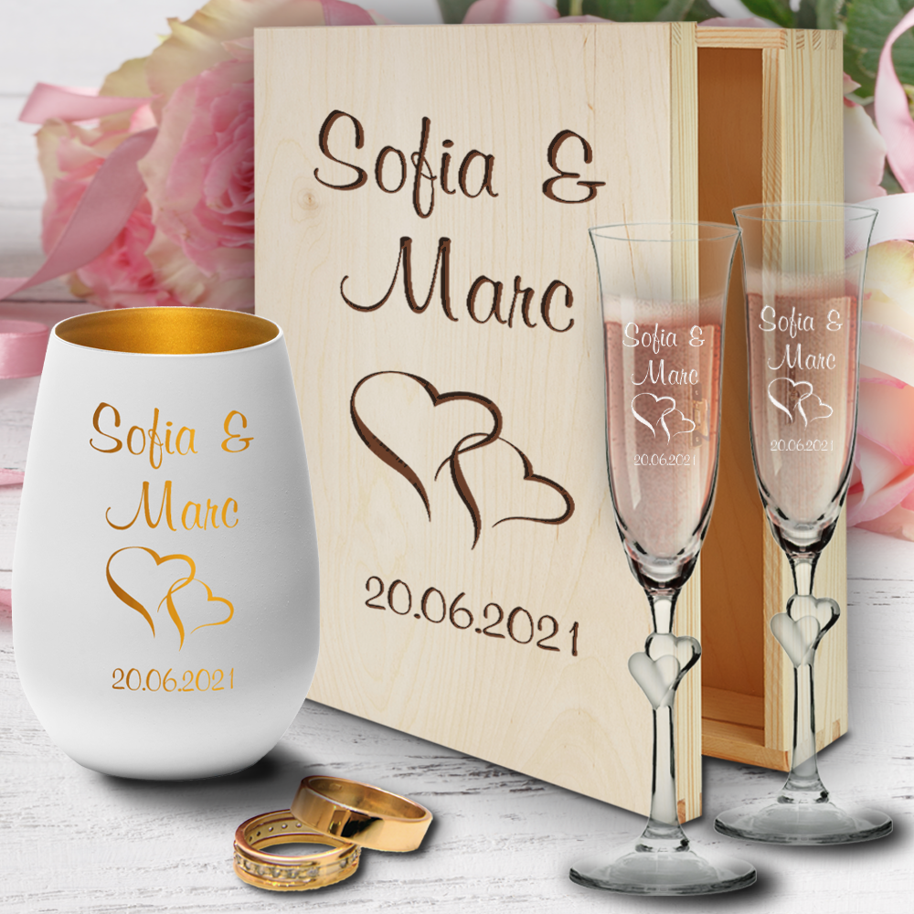 Sektgläser mit Gravur in Holzkiste zur Hochzeit mit Windlicht ...  - Onlineshop Trendgravur