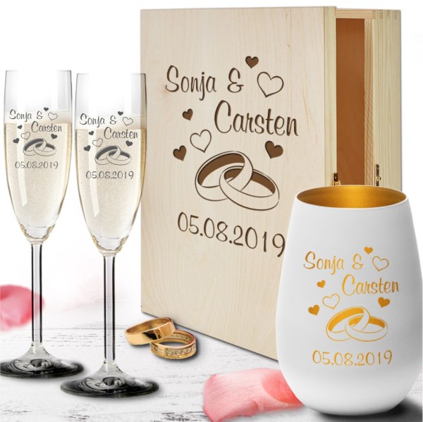 personalisierte Geschenkbox zur Hochzeit Sektgläser und Windlicht - Ringe
