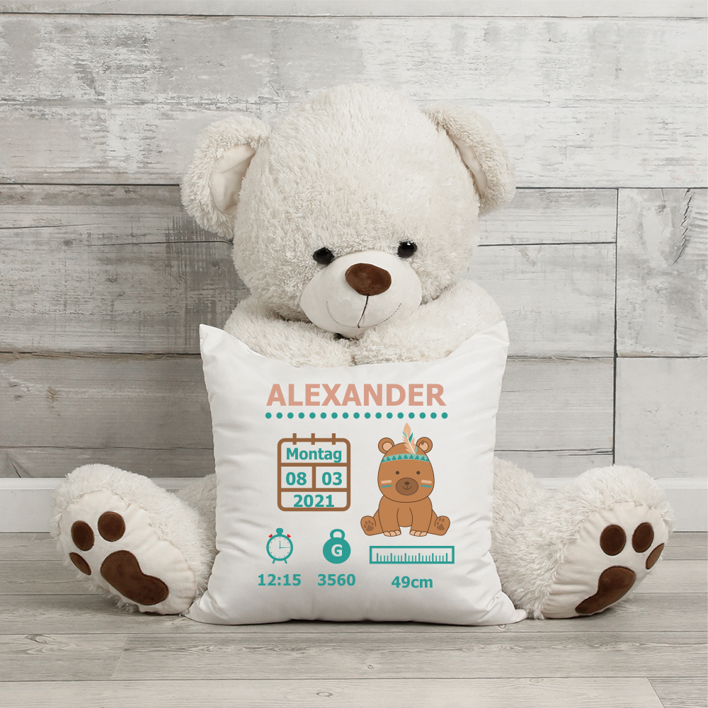Kissen zu Geburt mit Wunschnamen Indianer Teddy für Jungen  - Onlineshop Trendgravur