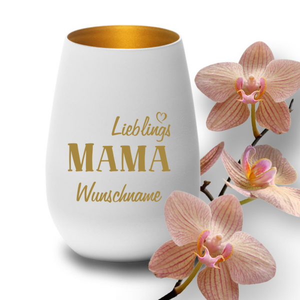 Windlicht Lieblings-Mama mit Deinem Wunschnamen weiß-gold