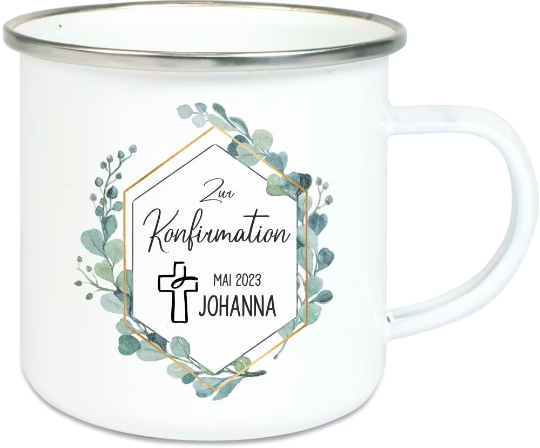 Zur Konfirmation - Eukalyptus - Emaille Tasse mit deinen Wunschnamen und Datum