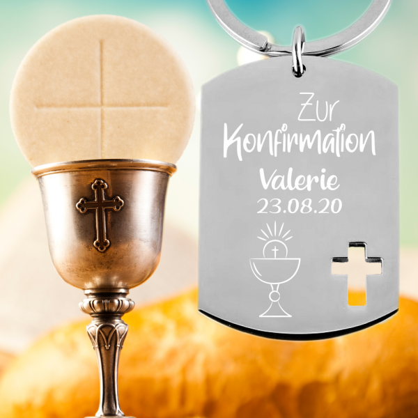 Edelstahl Schlüsselanhänger mit Gravur Dog-Tag zur Konfirmation Kelch