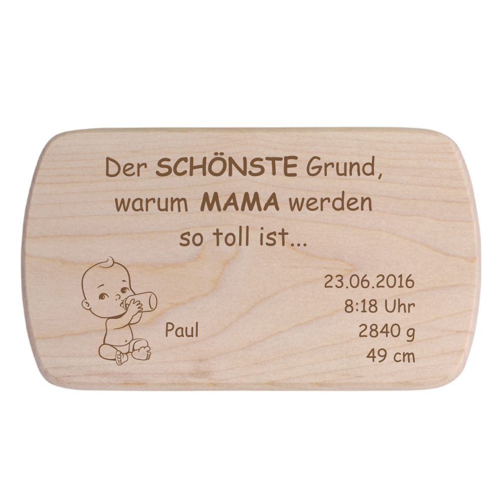 Frühstücksbrett für Mama mit Gravur zur Geburt  - Onlineshop Trendgravur