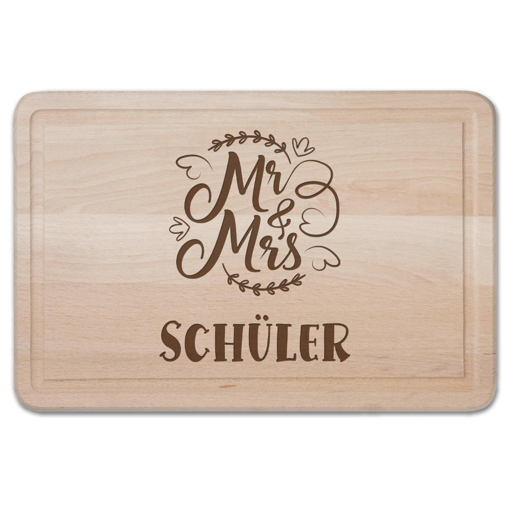 Schneidebrett mit Gravur Mr. Mrs zur Hochzeit  - Onlineshop Trendgravur