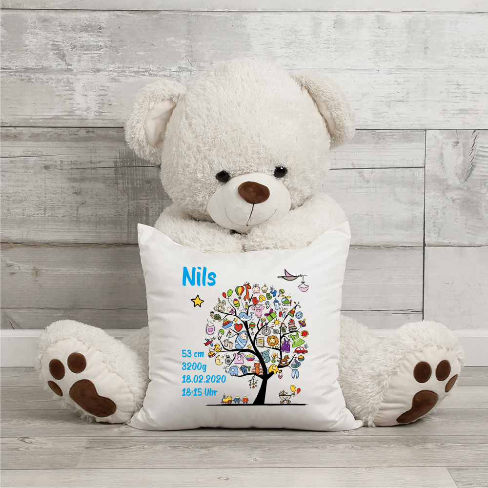 Kissen mit Namen zur Geburt Babybaum Junge  - Onlineshop Trendgravur