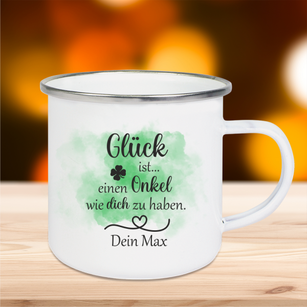 Emaille Tasse Glück ist... einen Onkel wie dich zu haben mit Wunschnamen