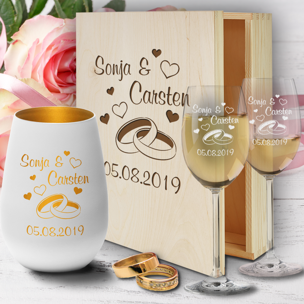 Holz Geschenkbox zur Hochzeit mit Weißweingläsern und Windlicht ...  - Onlineshop Trendgravur