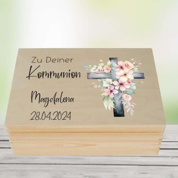 personalisierte Erinnerungskiste zur Kommunion Blumenkreuz - mit Wunschdaten