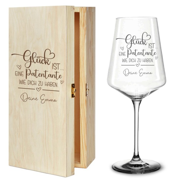 Weinglas optional mit Holzbox - Glück ist... eine Patentante wie dich zu haben mit Wunschnamen