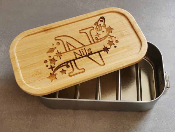 Brotdose für Kinder Lunchbox Metall mit Holzdeckel Monogramm für Jungen