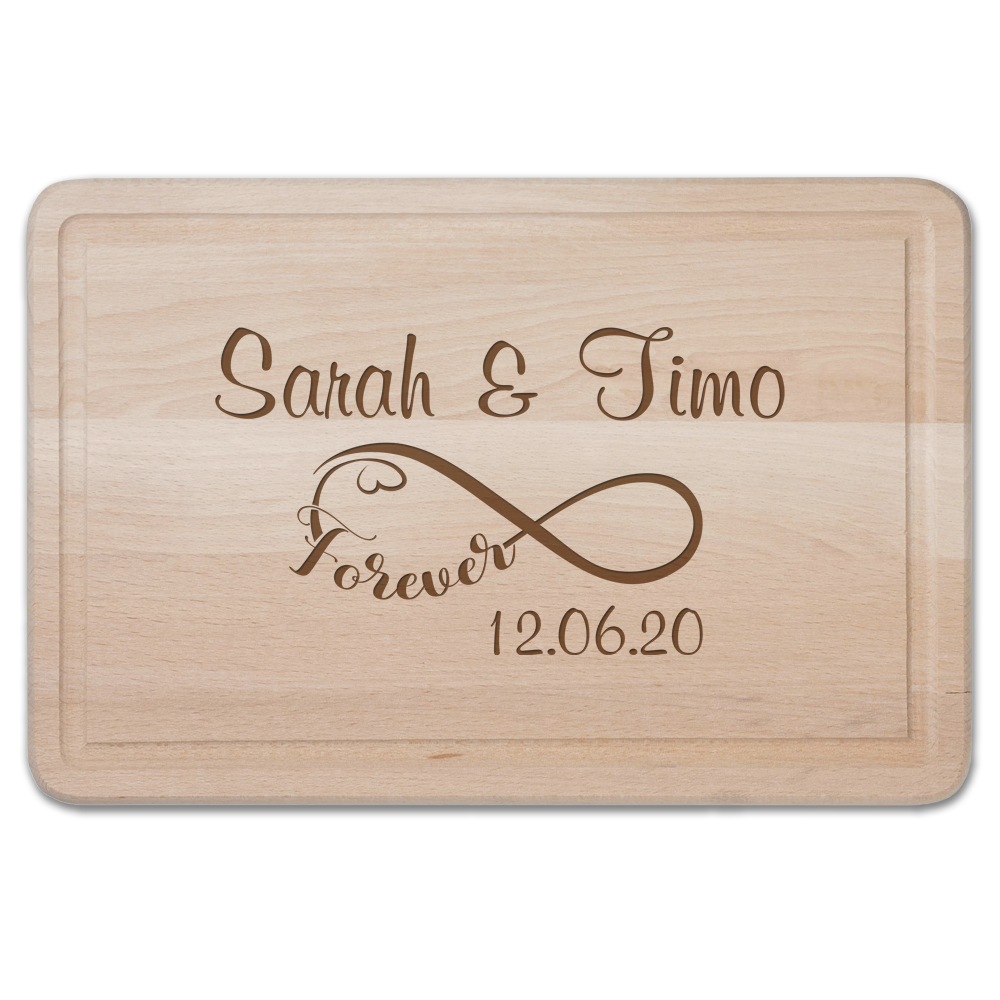 Schneidebrett mit Gravur Infinity und Deinen Wunschnamen und Datum  - Onlineshop Trendgravur