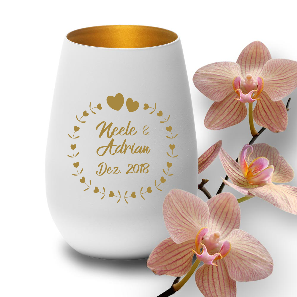 Windlicht mit Gravur zur Hochzeit Herzkreis weiss gold  - Onlineshop Trendgravur