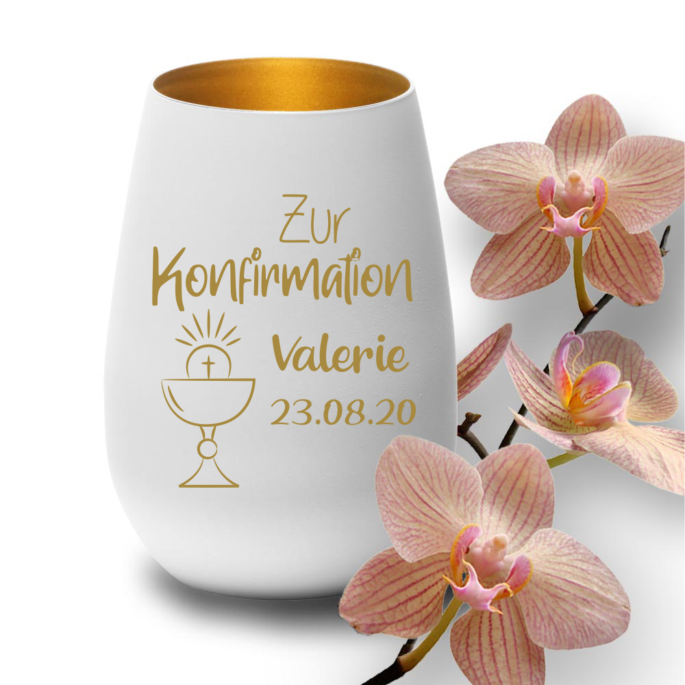 Windlicht mit Gravur weiss gold zur Konfirmation Kelch  - Onlineshop Trendgravur