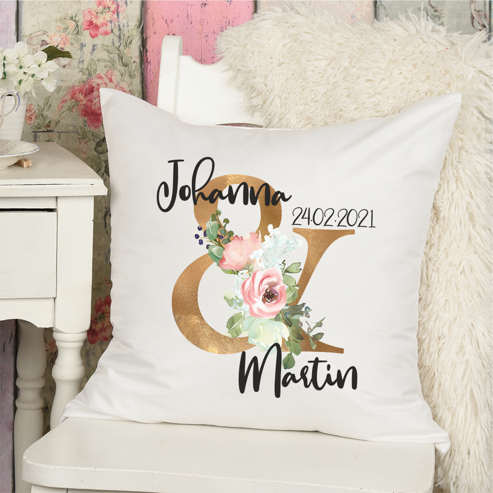 Namenskissen Floral golden mit Wunschnamen und Wunschdatum  - Onlineshop Trendgravur