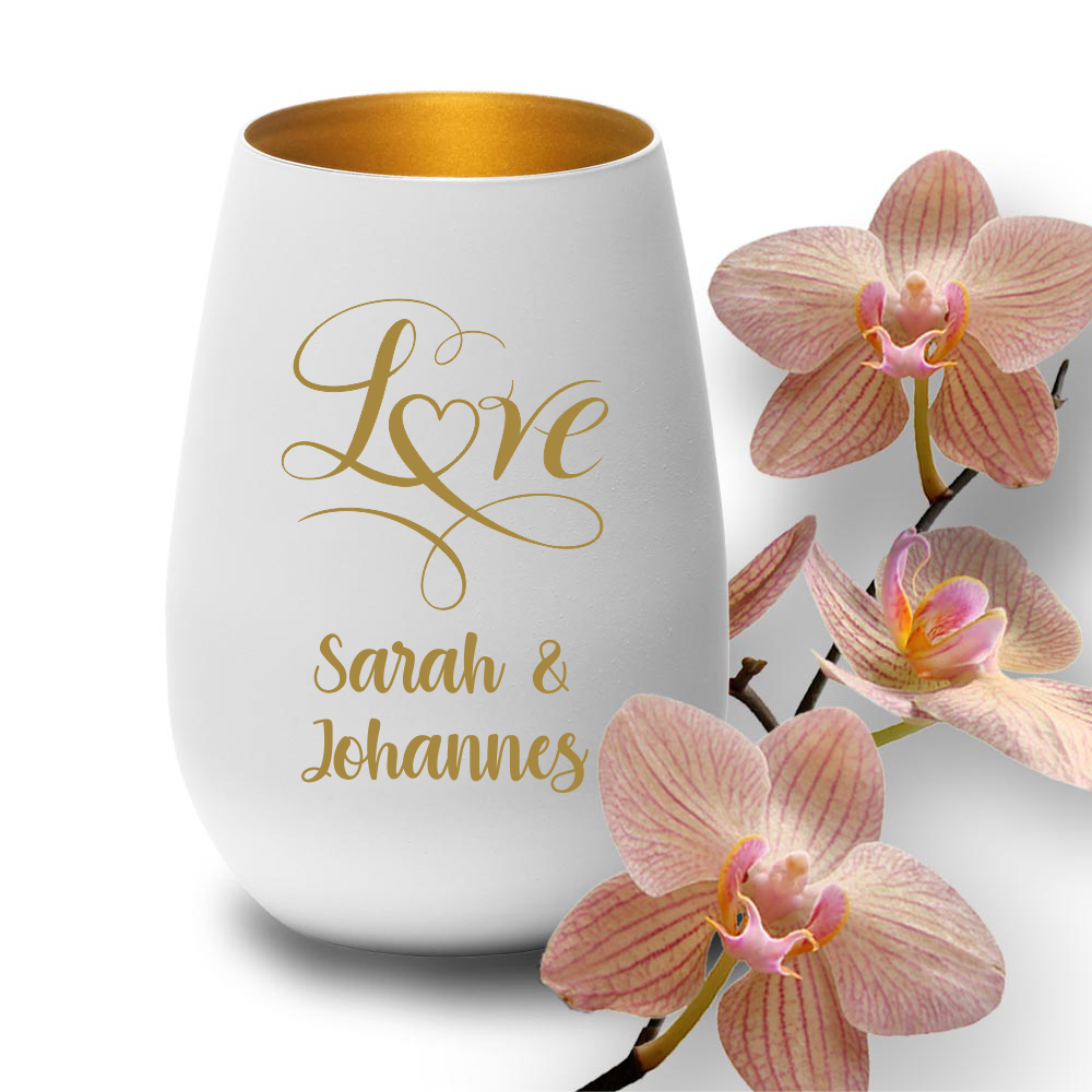 Windlicht mit Gravur weiss gold zur Hochzeit Love  - Onlineshop Trendgravur