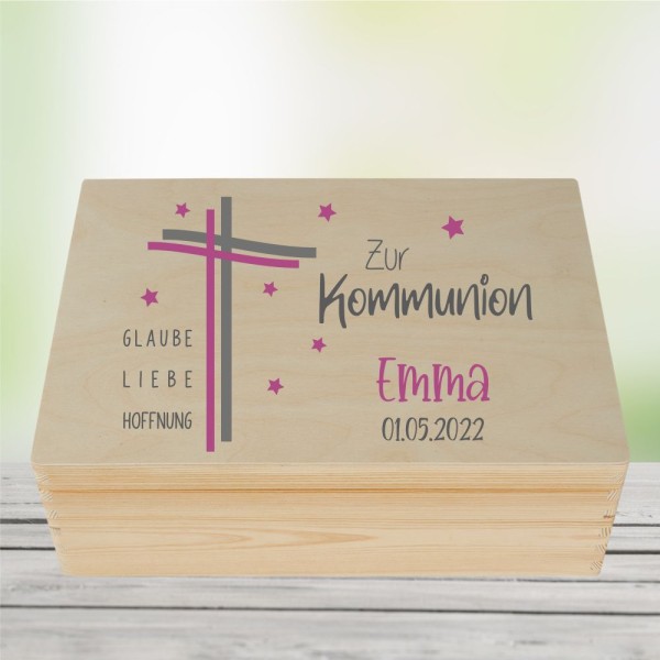 personalisierte Erinnerungskiste zur Kommunion - Kreuz - pink