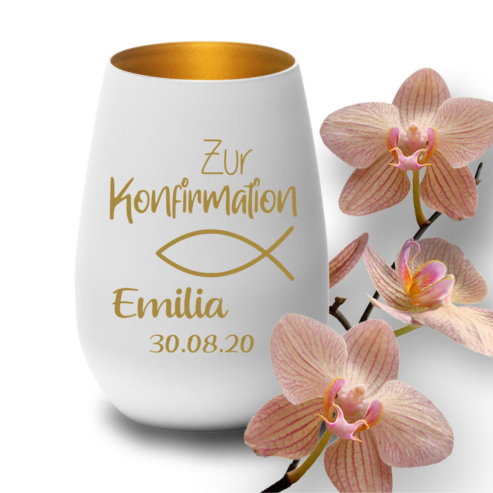 Windlicht mit Gravur weiss gold zur Konfirmation Symbol Fisch  - Onlineshop Trendgravur