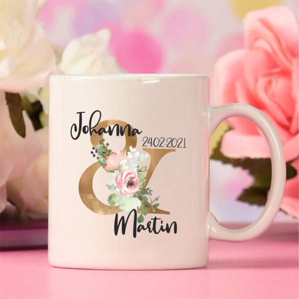 personalisierte Tasse Floral golden mit Wunschnamen und Wunschdatum