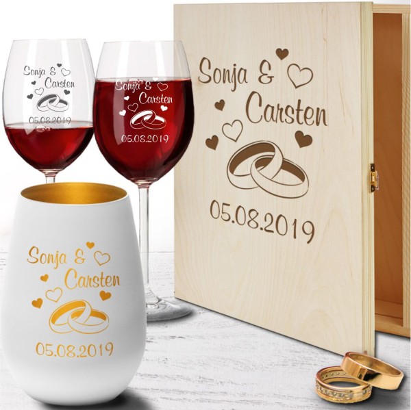 Holz-Geschenkbox zur Hochzeit mit Rotweingläsern und Windlicht - Ringe