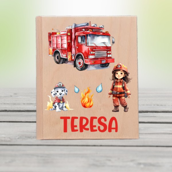 personalisierte Spardose aus Holz - Feuerwehr-Frau