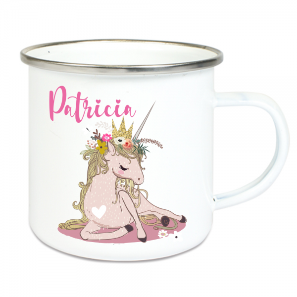 Emaille Tasse Kinder mit Deinem Namen - Einhorn floral