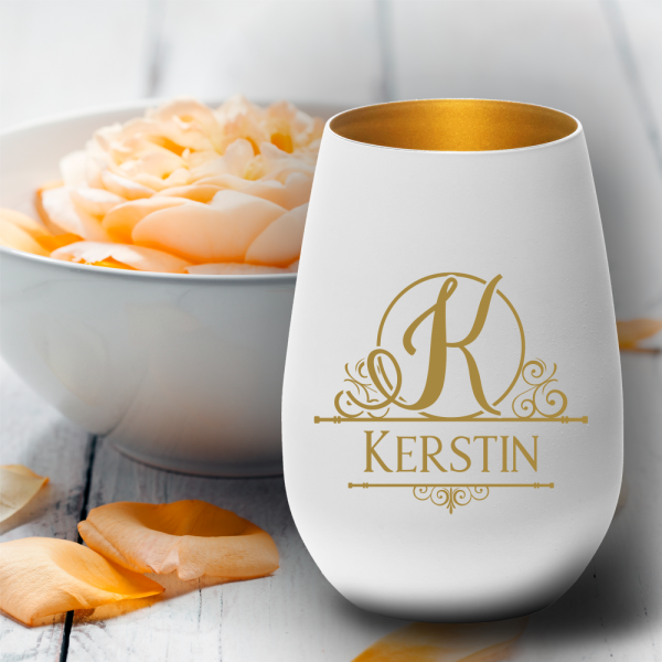 personalisiertes Windlicht mit Monogramm weiss-gold