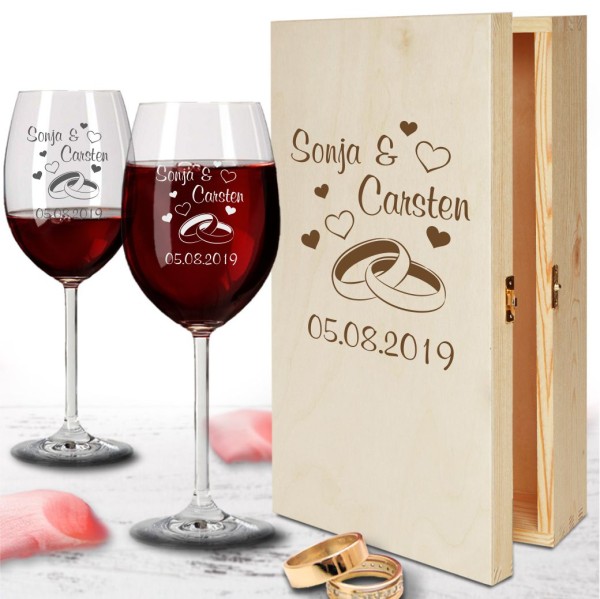 Holz-Geschenkbox zur Hochzeit mit Rotweingläsern  - Ringe
