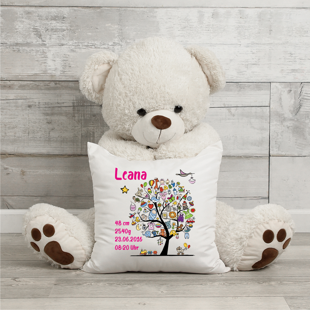 Kissen mit Namen zur Geburt Babybaum Mädchen  - Onlineshop Trendgravur