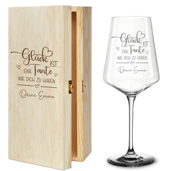 Weinglas optional mit Holzbox - Glück ist... eine Tante wie dich zu haben mit Wunschnamen