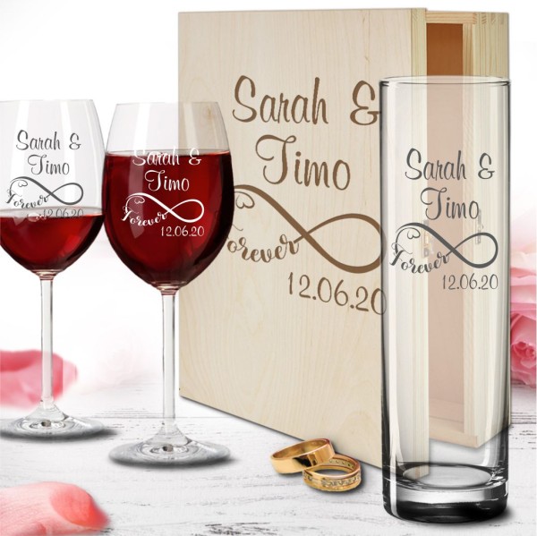 Geschenkbox zur Hochzeit aus Holz mit Rotweingläsern und Vase - Infinity
